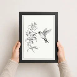line art hummingbird flower delicate black white art 10 black 3