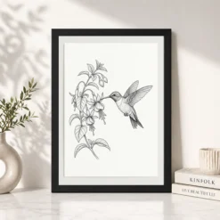 line art hummingbird flower delicate black white art 10 black 4