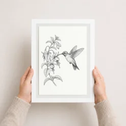 line art hummingbird flower delicate black white art 10 white 3