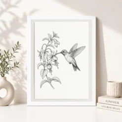 Alternative view of Line Art Hummingbird Flower Delicate Black White Art Photo Frame