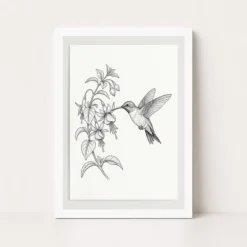 line art hummingbird flower delicate black white art 10 white main
