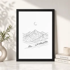 Alternative view of Line Art Mountains Moon Minimal Landscape Fine Line Art Photo Frame