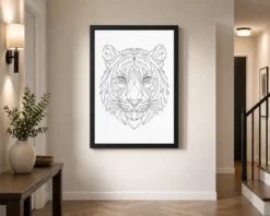 line art tiger face geometric fine lines premium wall art 07 black 2