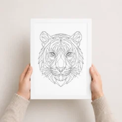 line art tiger face geometric fine lines premium wall art 07 white 3