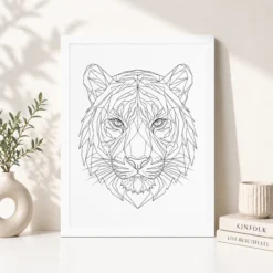 line art tiger face geometric fine lines premium wall art 07 white 4