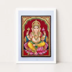 lord ganesha tanjore painting gold lotus throne wall art 01 white main
