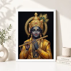 Alternative view of Lord Krishna Gold Leaf Luxury Portrait Black Fine Art Photo Frame