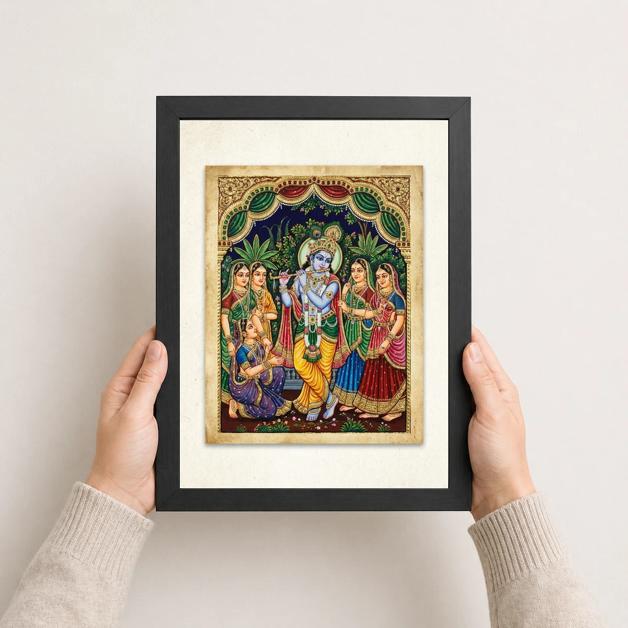Lord Krishna Tanjore Painting Gopis Gold South Indian Art Photo Frame 8 Lord Krishna Tanjore Painting Gopis Gold South Indian Art Photo Frame - Image 8