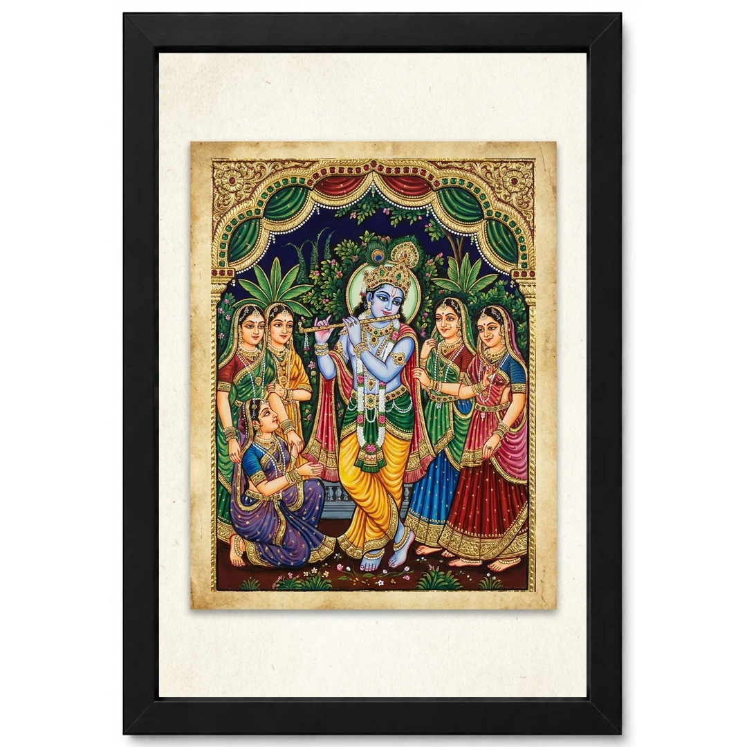 Lord Krishna Tanjore Painting Gopis Gold South Indian Art Photo Frame 1 Lord Krishna Tanjore Painting Gopis Gold South Indian Art Photo Frame