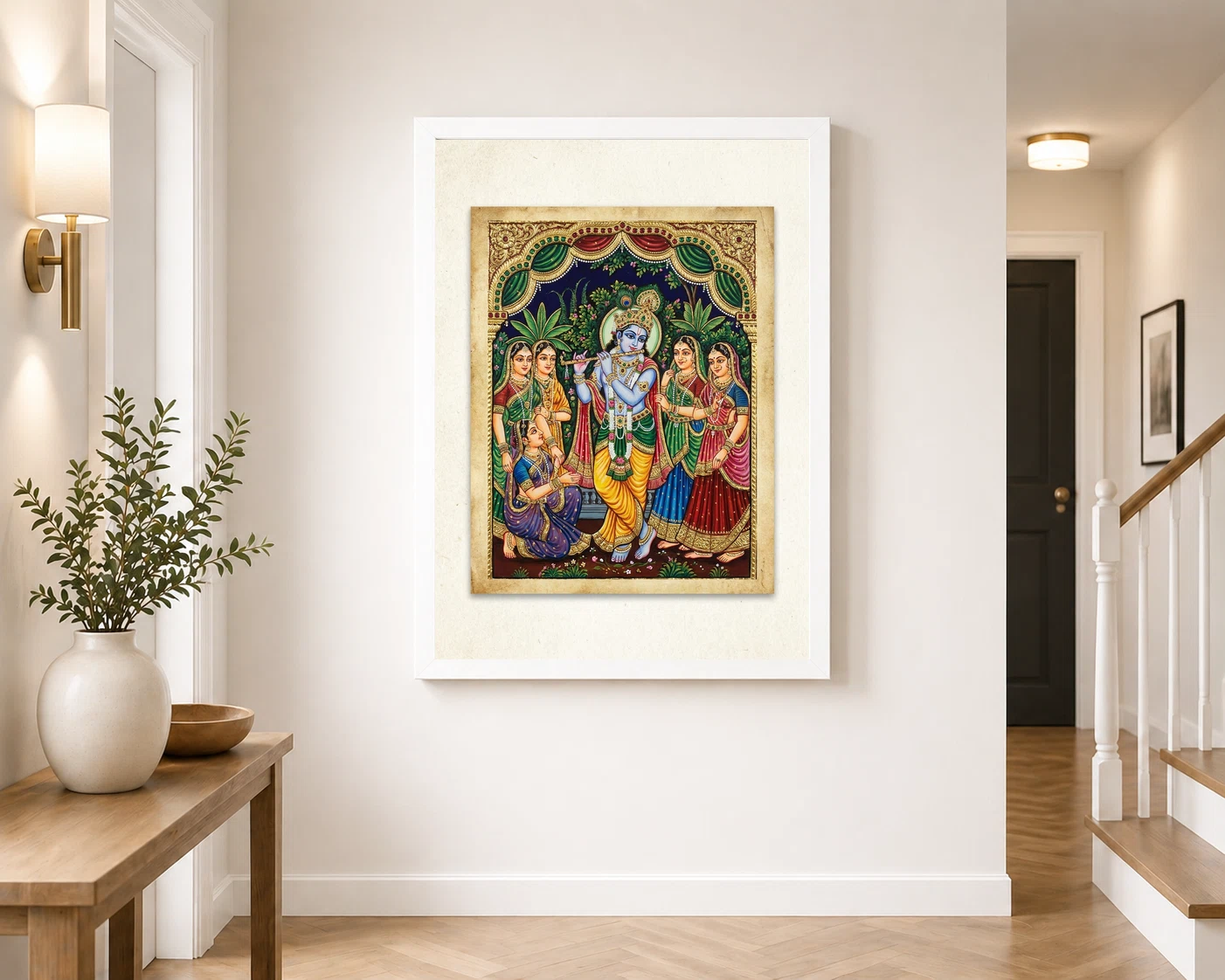 Lord Krishna Tanjore Painting Gopis Gold South Indian Art Photo Frame 4 Lord Krishna Tanjore Painting Gopis Gold South Indian Art Photo Frame - Image 4