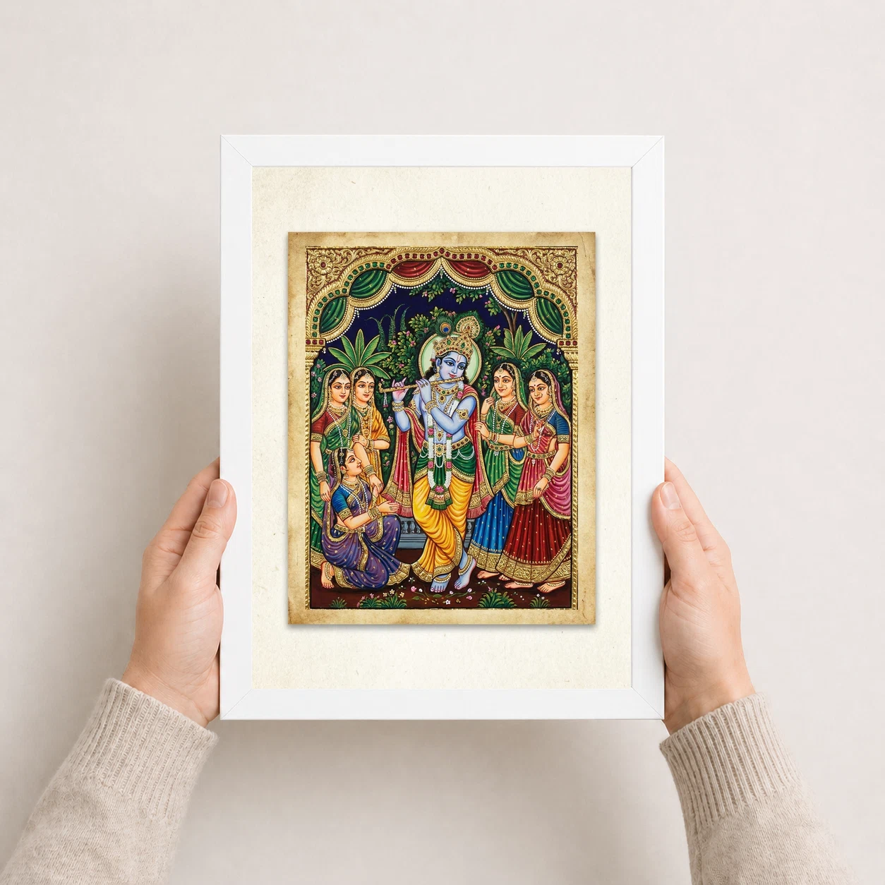 Lord Krishna Tanjore Painting Gopis Gold South Indian Art Photo Frame 5 Lord Krishna Tanjore Painting Gopis Gold South Indian Art Photo Frame - Image 5