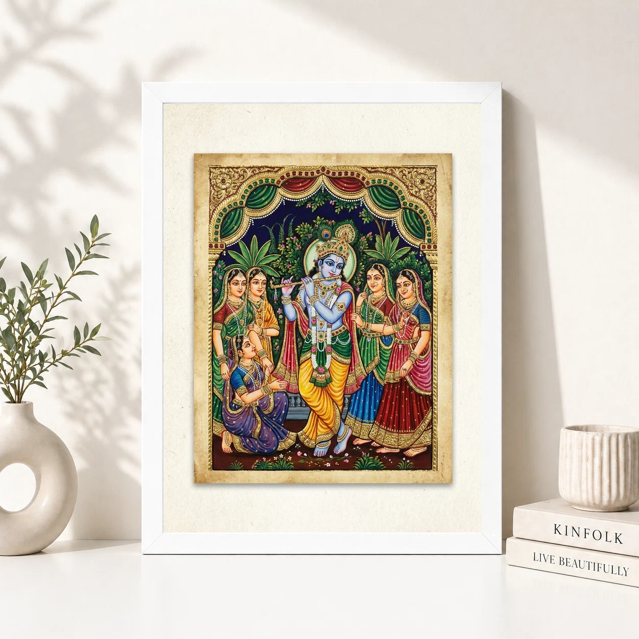 Lord Krishna Tanjore Painting Gopis Gold South Indian Art Photo Frame 2 Lord Krishna Tanjore Painting Gopis Gold South Indian Art Photo Frame - Image 2