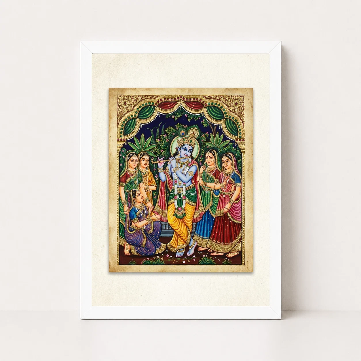 Lord Krishna Tanjore Painting Gopis Gold South Indian Art Photo Frame 3 Lord Krishna Tanjore Painting Gopis Gold South Indian Art Photo Frame - Image 3