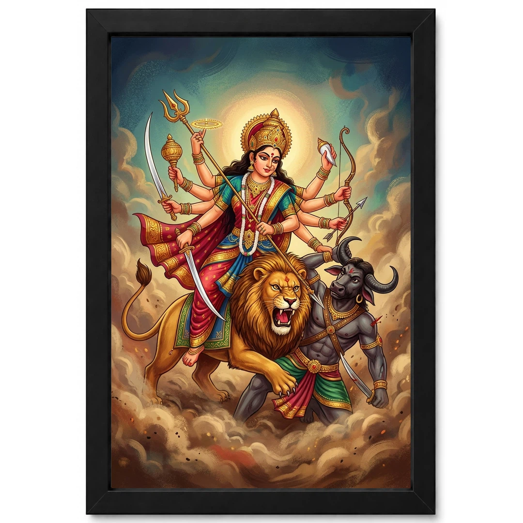 Maa Durga Lion Mahishasuramardini Ten Arms Navratri Art Photo Frame 1 Maa Durga Lion Mahishasuramardini Ten Arms Navratri Art Photo Frame