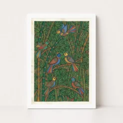 madhubani bamboo grove birds green nature folk bihar art 09 white main