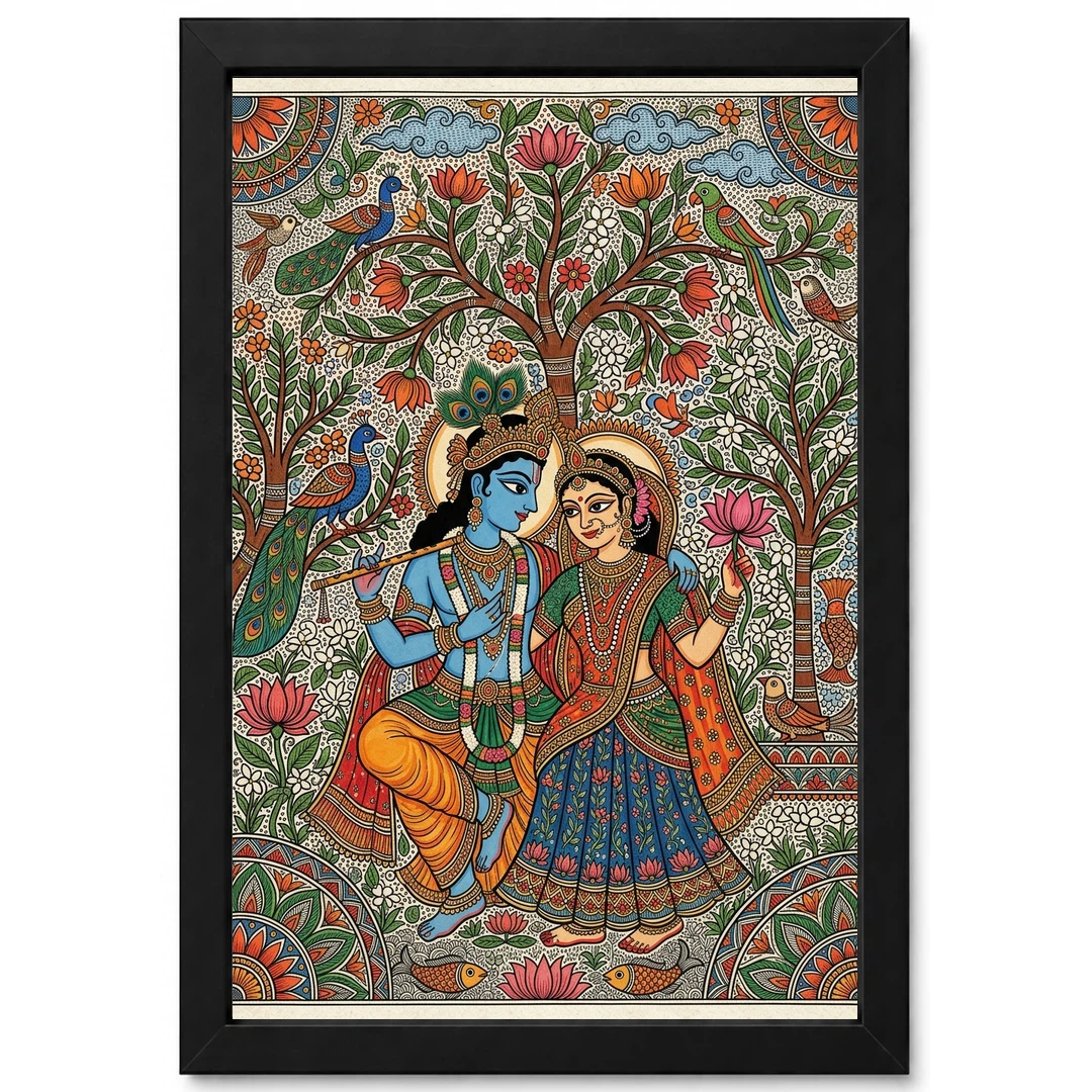 Madhubani Krishna Radha Folk Patterns Vibrant Bihar Art Photo Frame 1 Madhubani Krishna Radha Folk Patterns Vibrant Bihar Art Photo Frame