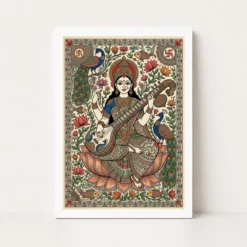 madhubani saraswati veena flowing patterns folk art 15 white main