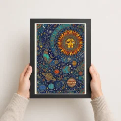 madhubani solar system sun moon stars cosmic folk art 12 black 3