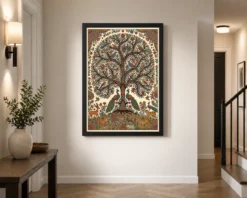 madhubani tree of life birds animals colorful folk art 03 black 2