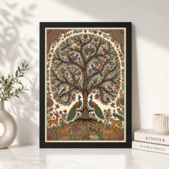 madhubani tree of life birds animals colorful folk art 03 black 4