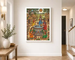 madhubani village life women well rural india folk art 14 white 2
