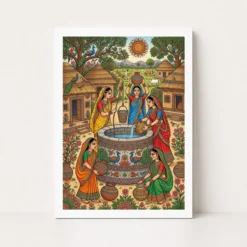 madhubani village life women well rural india folk art 14 white main