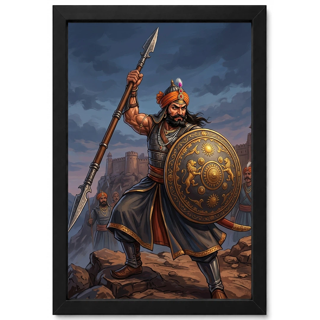 Maharana Pratap Lifting Spear Shield Warrior Strength Art Photo Frame 1 Maharana Pratap Lifting Spear Shield Warrior Strength Art Photo Frame