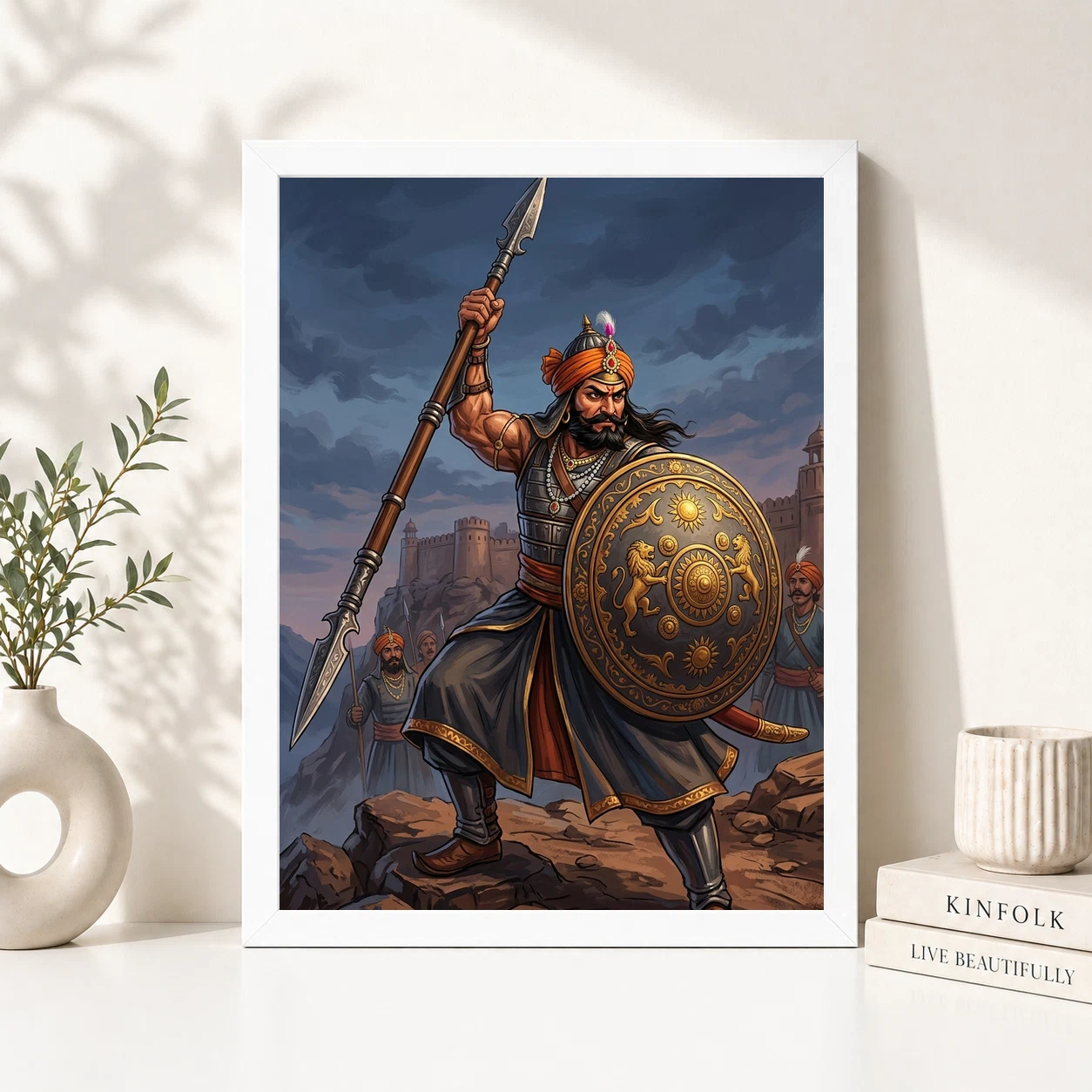 Maharana Pratap Lifting Spear Shield Warrior Strength Art Photo Frame 2 Maharana Pratap Lifting Spear Shield Warrior Strength Art Photo Frame - Image 2