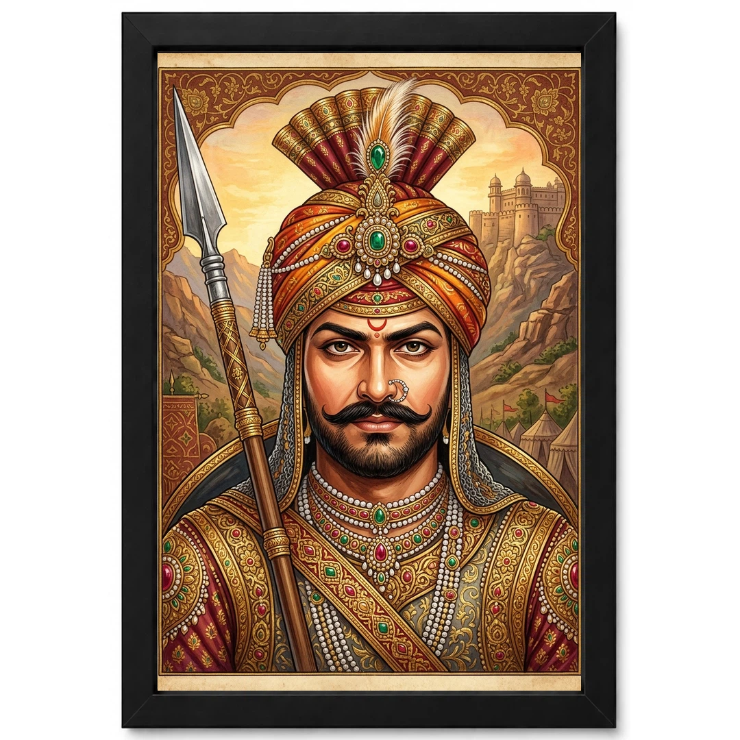 Maharana Pratap Portrait Royal Turban Spear Rajasthani Art Photo Frame 1 Maharana Pratap Portrait Royal Turban Spear Rajasthani Art Photo Frame