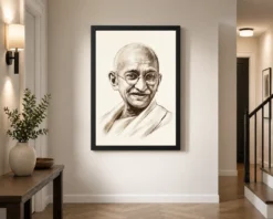 mahatma gandhi charcoal sketch portrait round glasses art 01 black 2