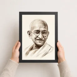 mahatma gandhi charcoal sketch portrait round glasses art 01 black 3