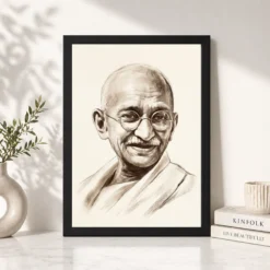 mahatma gandhi charcoal sketch portrait round glasses art 01 black 4