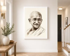 mahatma gandhi charcoal sketch portrait round glasses art 01 white 2