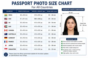 Passport photo size chart for all countries — India, USA, UK, UAE, Canada