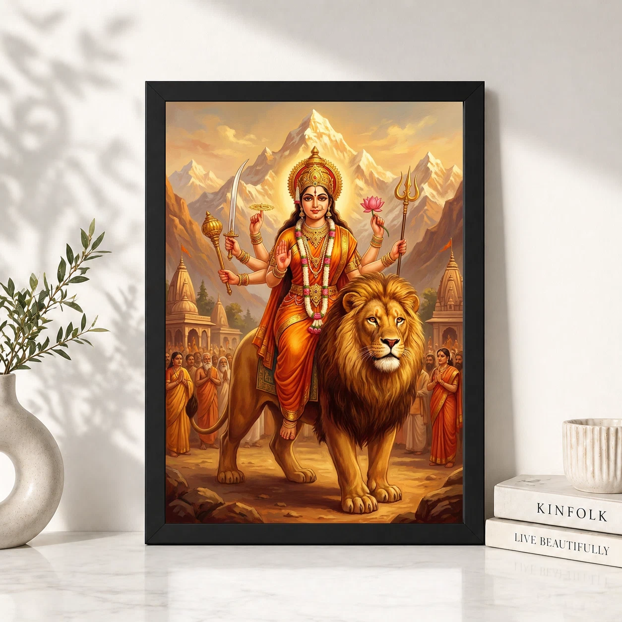 Sherawali Mata Durga Lion Mountain Saffron Gold Art Photo Frame 6 Sherawali Mata Durga Lion Mountain Saffron Gold Art Photo Frame - Image 6