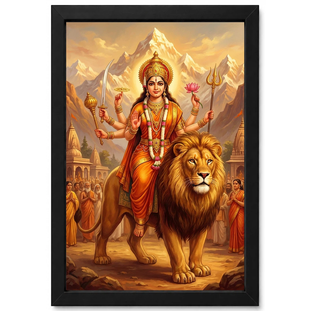 Sherawali Mata Durga Lion Mountain Saffron Gold Art Photo Frame 1 Sherawali Mata Durga Lion Mountain Saffron Gold Art Photo Frame