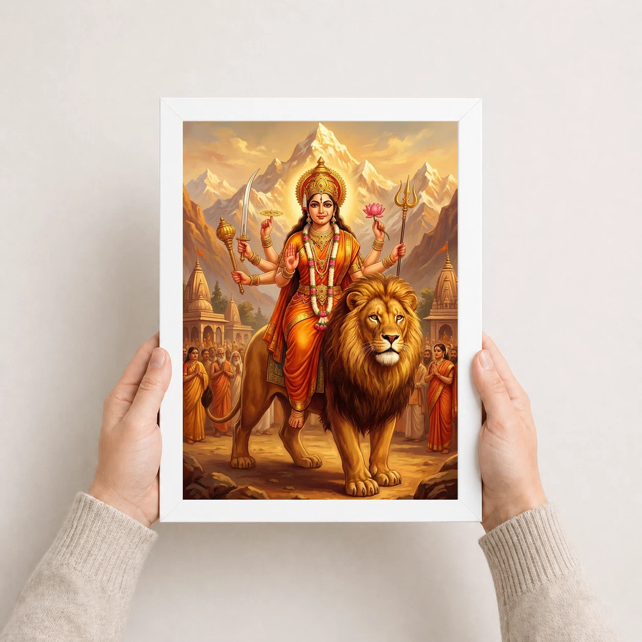 Sherawali Mata Durga Lion Mountain Saffron Gold Art Photo Frame 5 Sherawali Mata Durga Lion Mountain Saffron Gold Art Photo Frame - Image 5