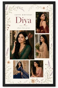 Personalized floral love birthday collage frame for girlfriend in black frame