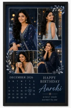 Personalized December birthday calendar photo collage frame in black frame