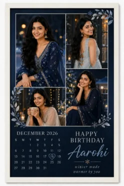 Personalized December birthday calendar photo collage frame in white frame