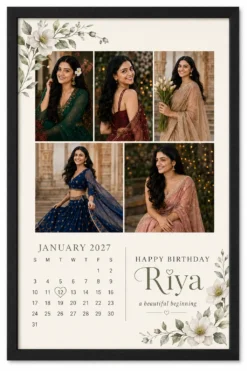 Personalized January floral birthday calendar photo frame in black frame