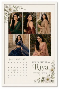 Personalized January floral birthday calendar photo frame in white frame