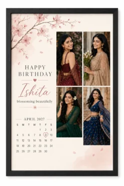 Personalized pink blossom birthday calendar photo frame in black frame