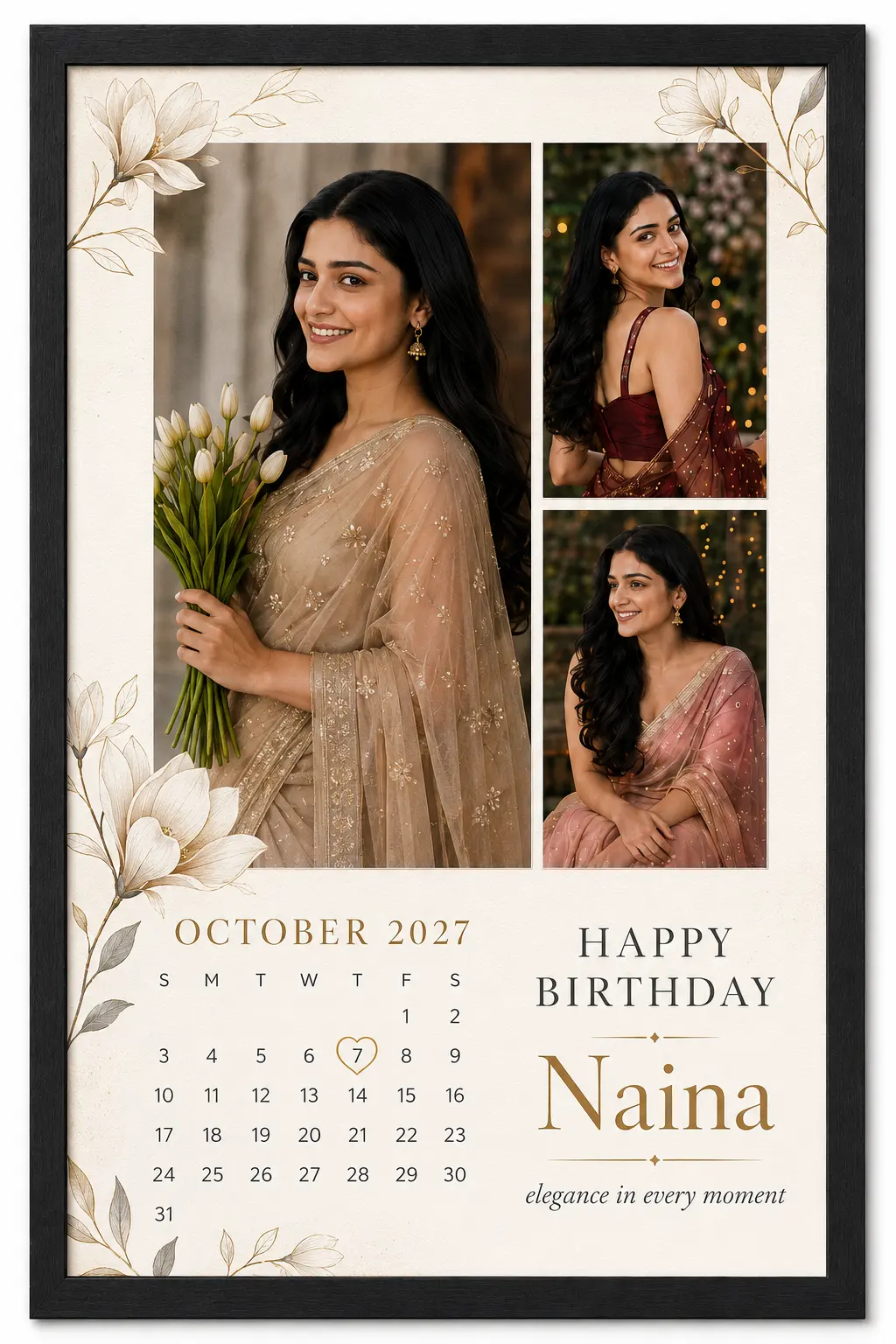 Personalized Elegant Floral Birthday Calendar Photo Frame 1 Personalized elegant floral birthday calendar photo frame in black frame