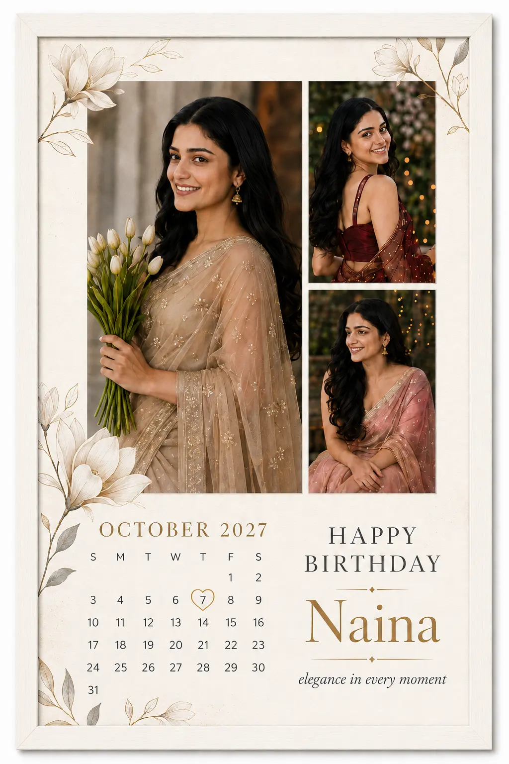 Personalized Elegant Floral Birthday Calendar Photo Frame 2 Personalized elegant floral birthday calendar photo frame in white frame