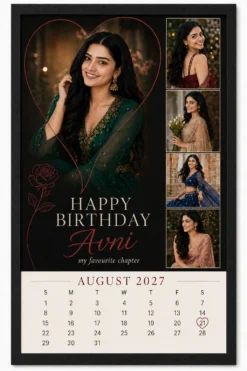 Personalized heart and rose birthday calendar collage frame in black frame