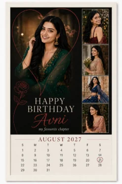 Personalized heart and rose birthday calendar collage frame in white frame