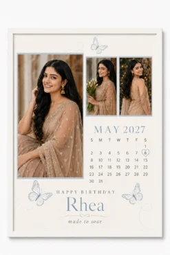 Personalized butterfly birthday calendar photo frame in white frame