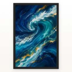 Abstract Ocean Waves Midnight Blue Turquoise Flowing Art Photo Frame mockup 1