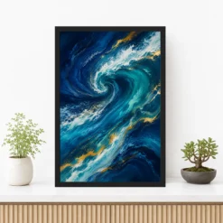 Abstract Ocean Waves Midnight Blue Turquoise Flowing Art Photo Frame mockup 3